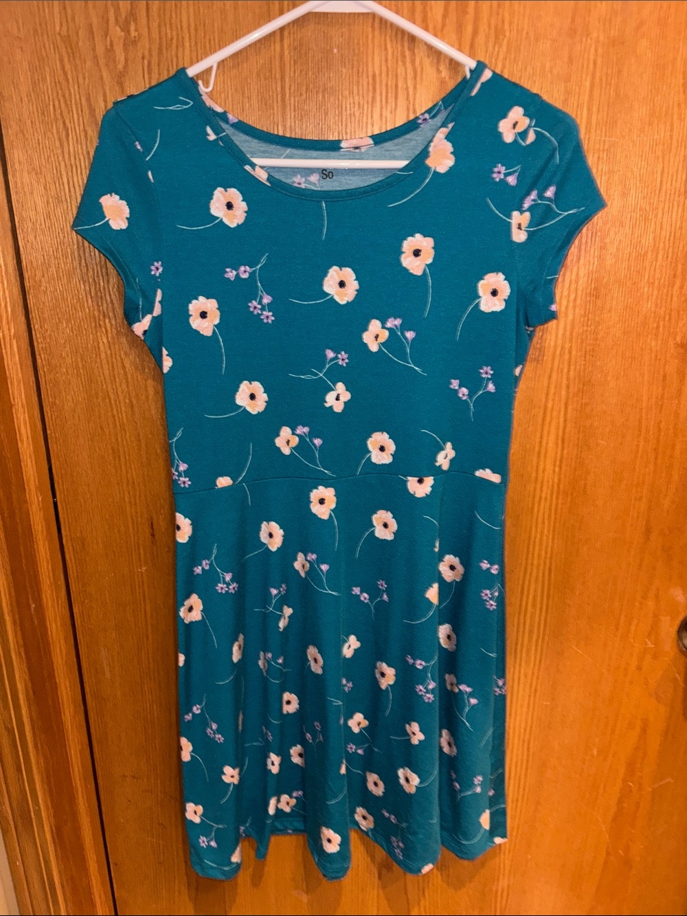 SO, girls short sleeve dress, bluegreen with flowers, 14/16